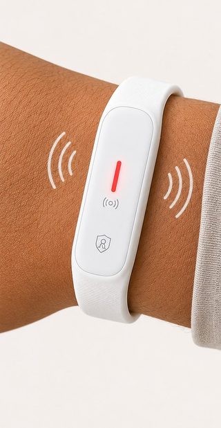 PaShield Alert Band worn on a caregiver's wrist, showing a discreet alert indicator.